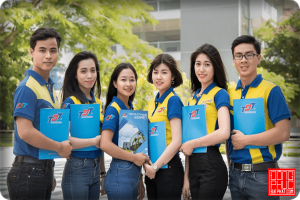 Sinh viên Đại Học Tôn Đức Thắng mặc áo thun đồng phục chụp hình lưu niệm