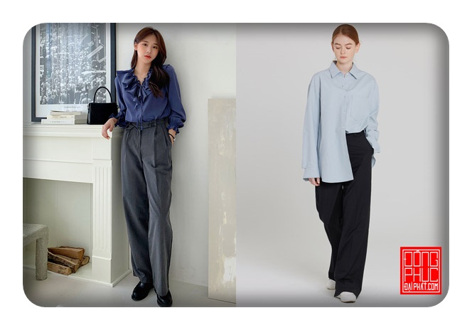Quần ống rộng dài mặc cùng áo sơ mi trang nhã, thanh lịch