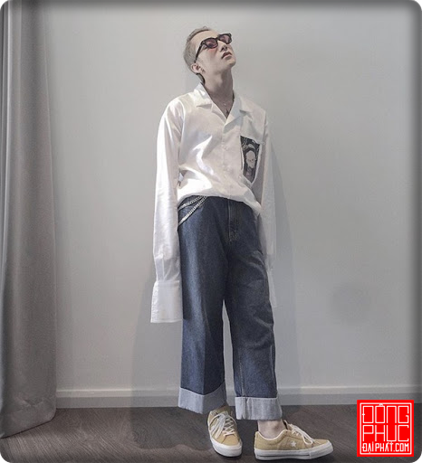 Quần ống rộng nam phối với áo sơ mi chất như Sơn Tùng