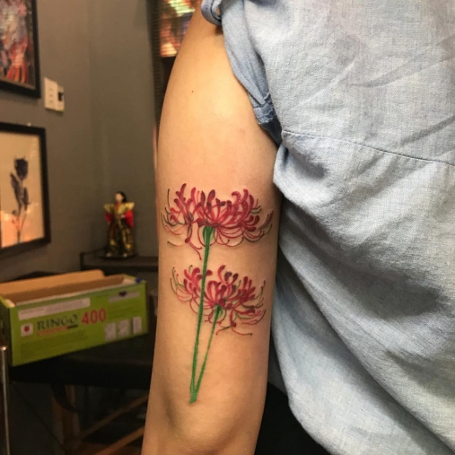 Mẫu xăm hoa bỉ ngạn ở bắp tay cho nam Hình xăm nghệ thuật hoa bỉ ngạn ở bắp tay cho nam đẹp nhất