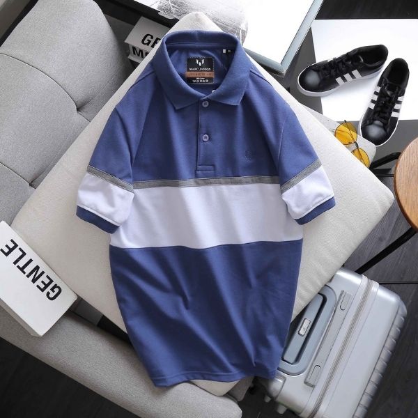 Áo thun nam có cổ bẻ màu xanh coban sọc trắng