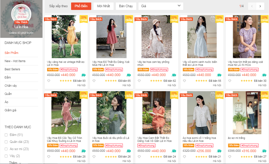 shop bán váy đẹp trên Shopee - lá in hoa