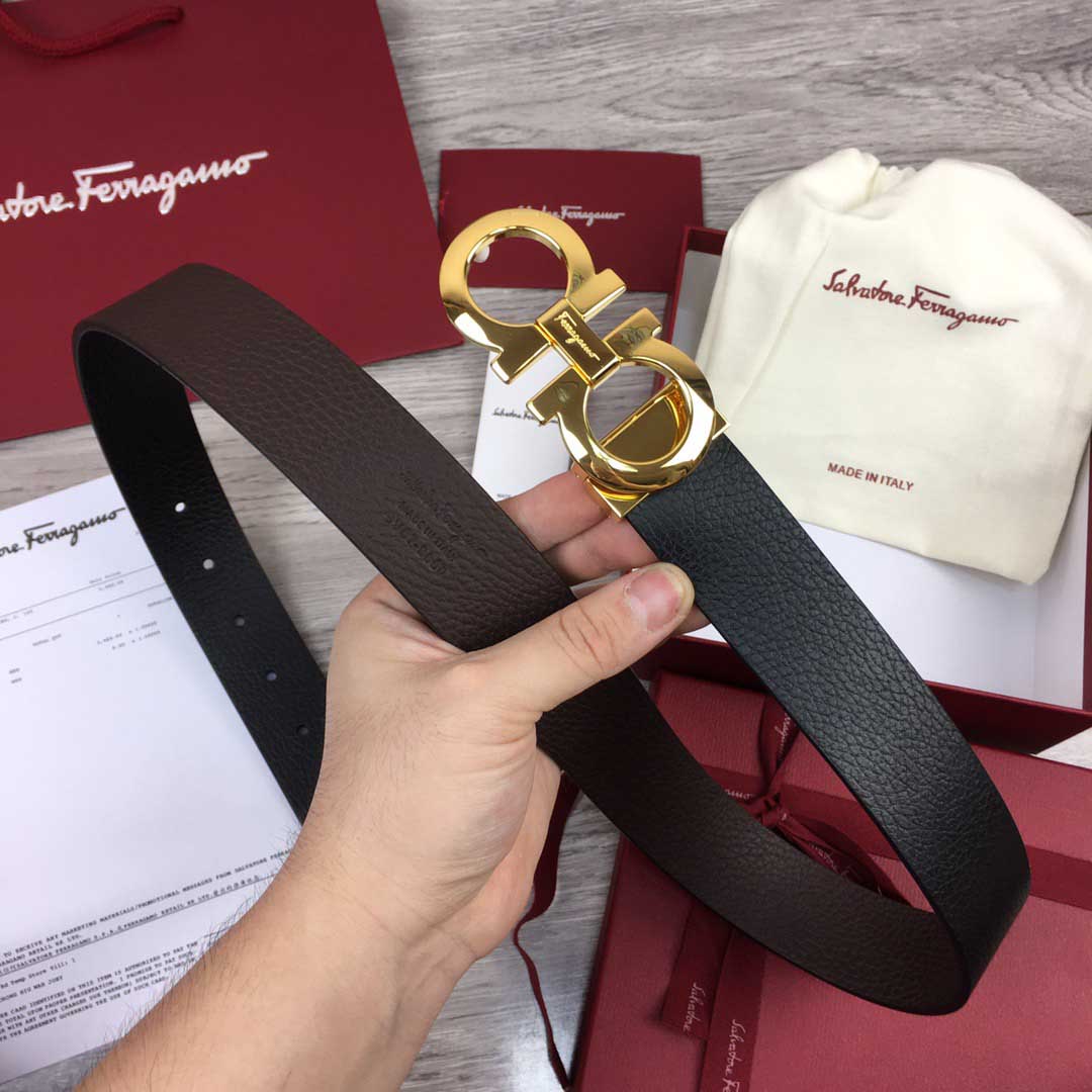 Thắt lưng Salvatore Ferragamo dây đen nâu da sần khóa bóng màu vàng
