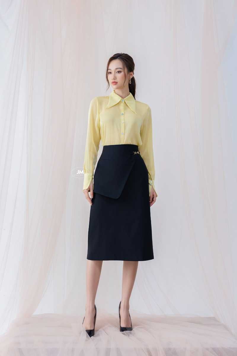 Chân váy dáng A dài qua gối đáp hông