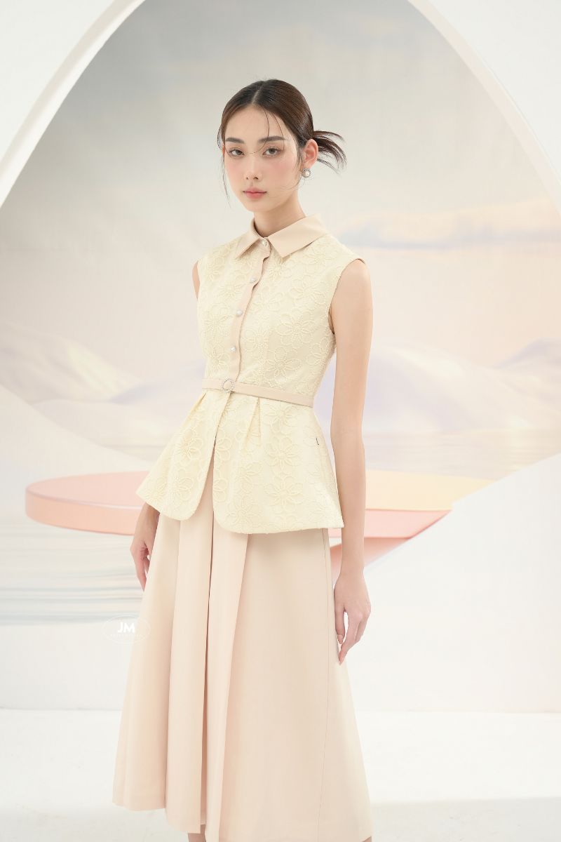 Áo sơ mi ren cổ đức phối vải đai eo rời